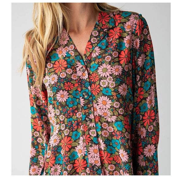 Natural Life Ansley Woven Tunic Shirt Dress Sz L Coral Floral Long Sleeve - Picture 3 of 13